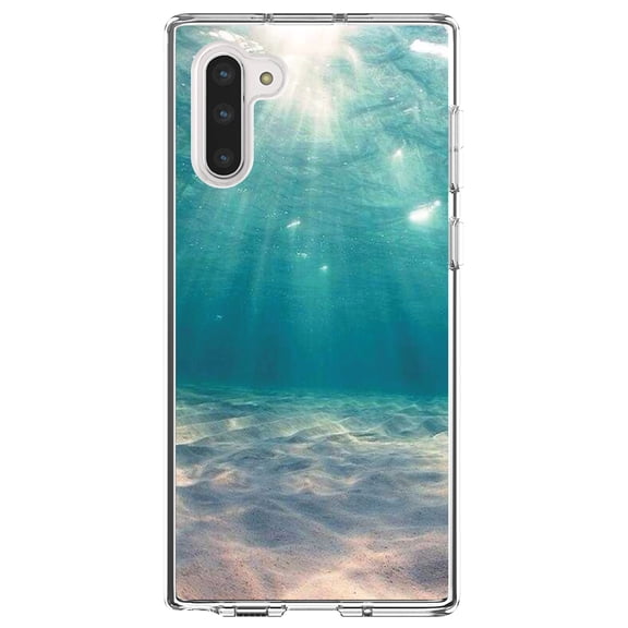 DistinctInk Clear Shockproof Hybrid Case for Samsung Galaxy Note 10 (6.3" Screen) - TPU Bumper, Acrylic Back, Tempered Glass Screen Protector - Underwater Sun Sand