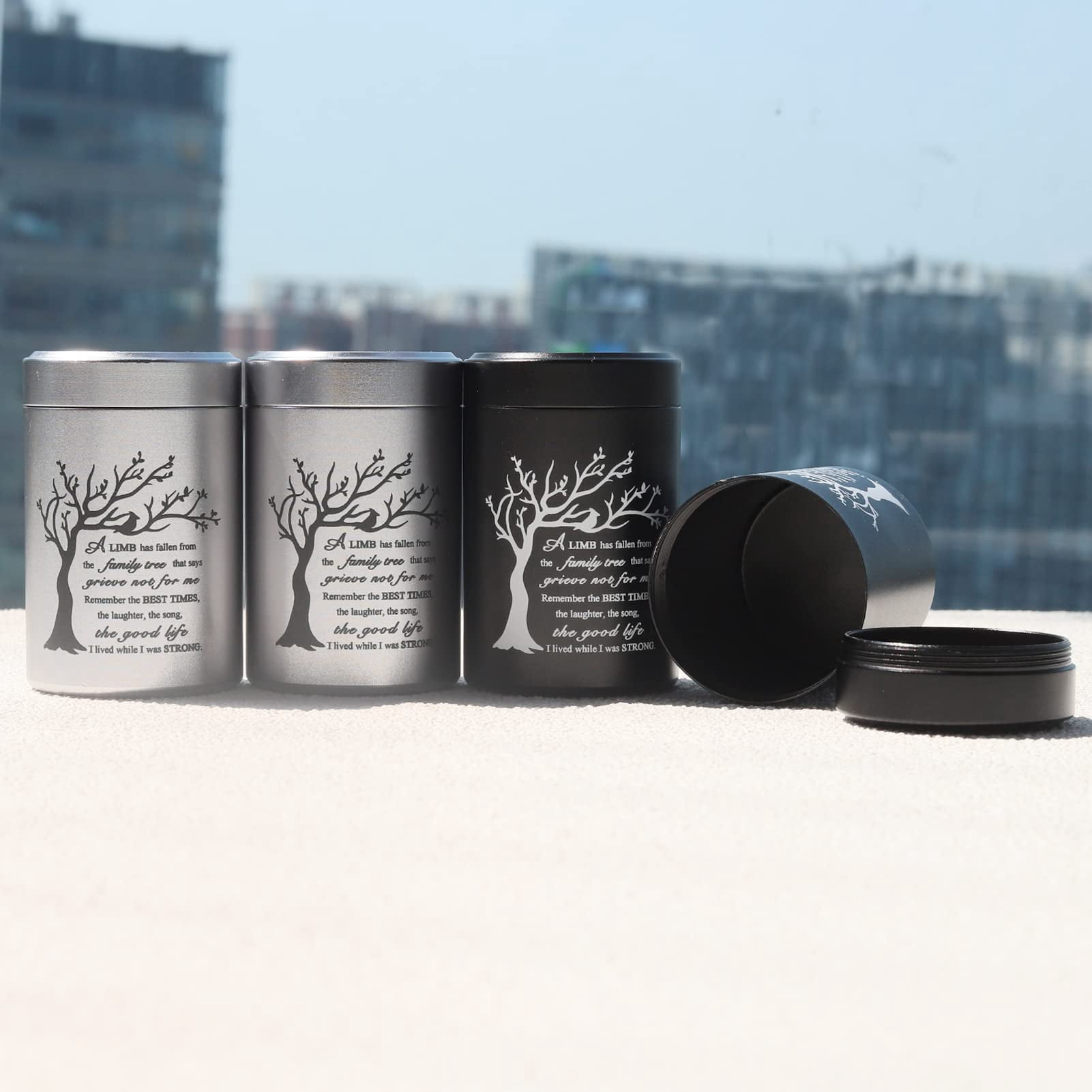 Small Urns for Ashes - Set of 4，2.7 inch High Quality Aluminium Mini Urns, Cremation Urns for Human/Pet Ashes,Ashes Holder,Small Keepsake urns--A LIMB has fallen from the family tree,Black&Silver