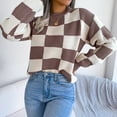 thumbnail image 2 of Stichou Womens Fall Fashion Crew Neck Sweater Long Sleeve Plaid Ribbed Knit Loose Pullover Tops Trendy Office Outfits Coffee M, 2 of 8