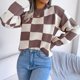 thumbnail image 1 of Suéter de punto de manga larga a cuadros con contraste de colores estilo urbano europeo y americano para otoño e invierno para mujer, 1 of 5