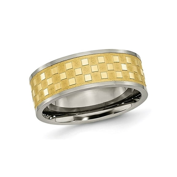 Gem & Harmony Mens Titanium 8mm Yellow Plated Checkered Wedding Band Ring for Men