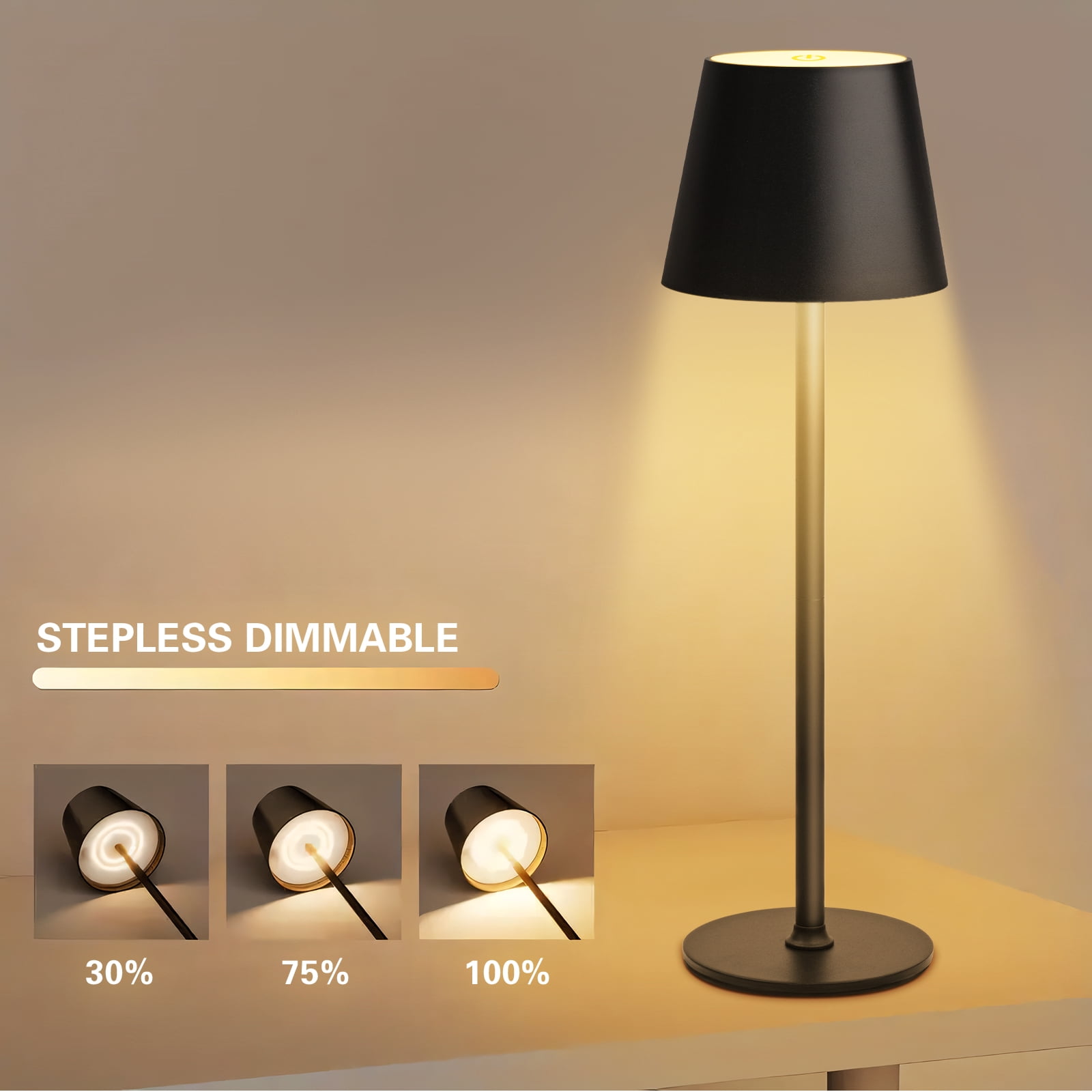 Ikfashoni Cordless Rechargeable 15"Table Lamps, 3 Levels Brightness Desk Lamp for Bedroom Office, Black