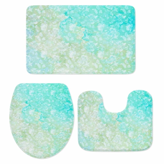 Aqua Green Bath Mat 3 Piece Bathroom Rug Set, Watercolor Colorful Ombre Abstract Floral Art Non Slip Bath Rug Contour Mat and Toilet Lid Cover, Absorbent Shower Mats Soft Bath Rugs and Mats Sets