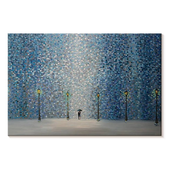 Elephant Stock Kiss Under The Rain Wall Art - Horizontal Canvas Wall Art - Living Room Wall Decor - Love Canvas - Blue And Gray Decor By Ekaterina Ermilkina - 12" x 8"