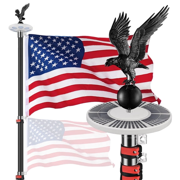 Yescom EZ GO 30ft Eagle Topper Telescopic Flag Pole Kit Solar Light Outside 3x5' US Flag Ball Top, Black