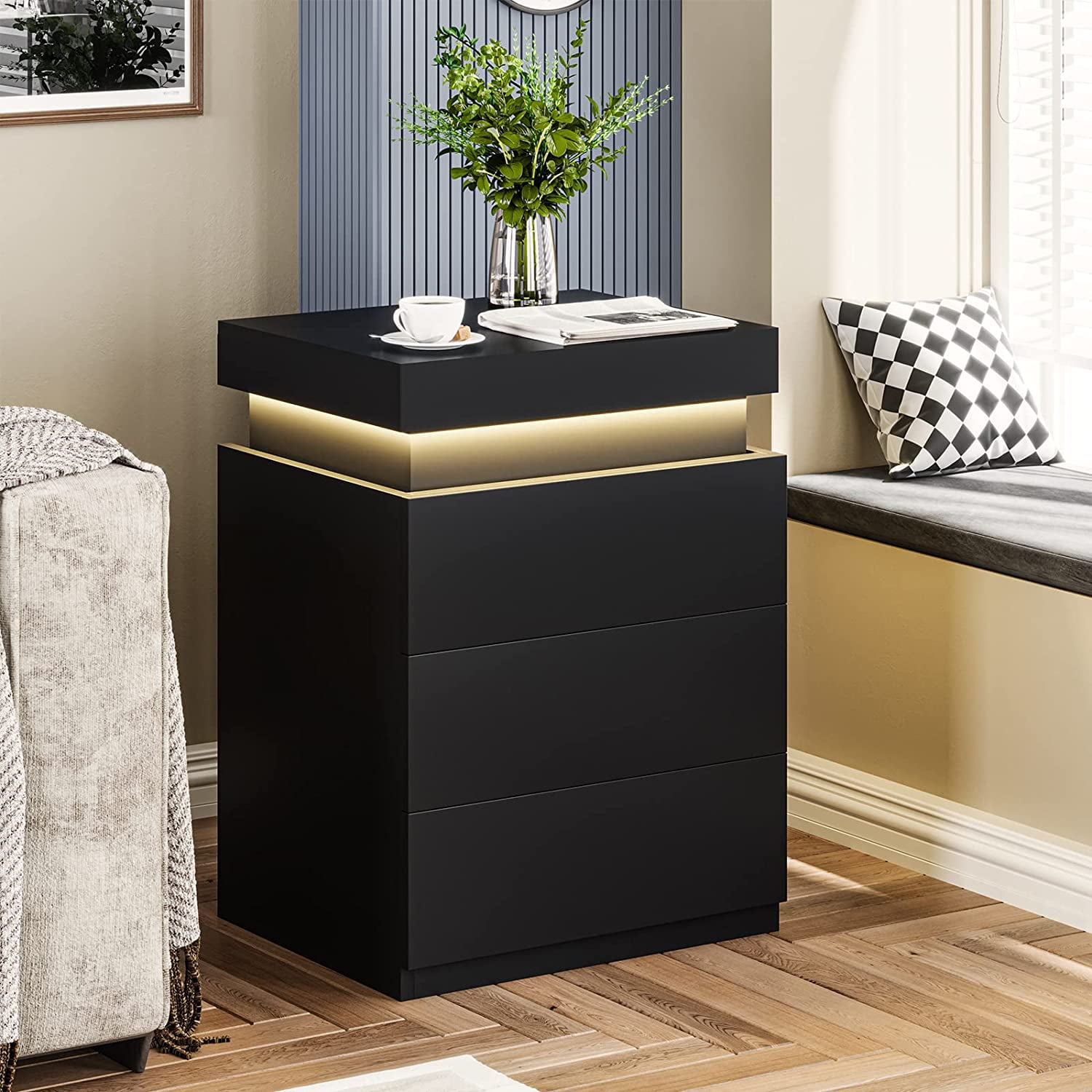 LED Nightstand Charging Station USB Port Outlets Bedside Table 3 Drawers Black Night Table Modern Smart Nightstand Sliding Top End Side Table for Bedroom Furniture 26.8" Tall,2pcs