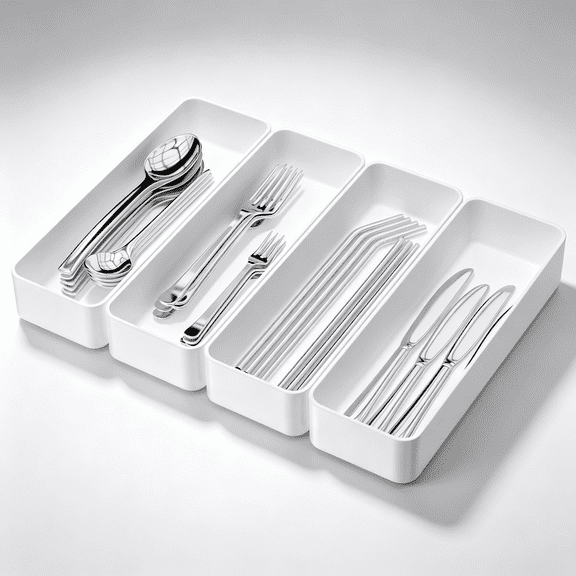 Kitchen Drawer Utensil Organizer 4‑Piece Set, White PET Silverware Storage Trays for Cutlery, Tools & Small Kitchen Gadgets