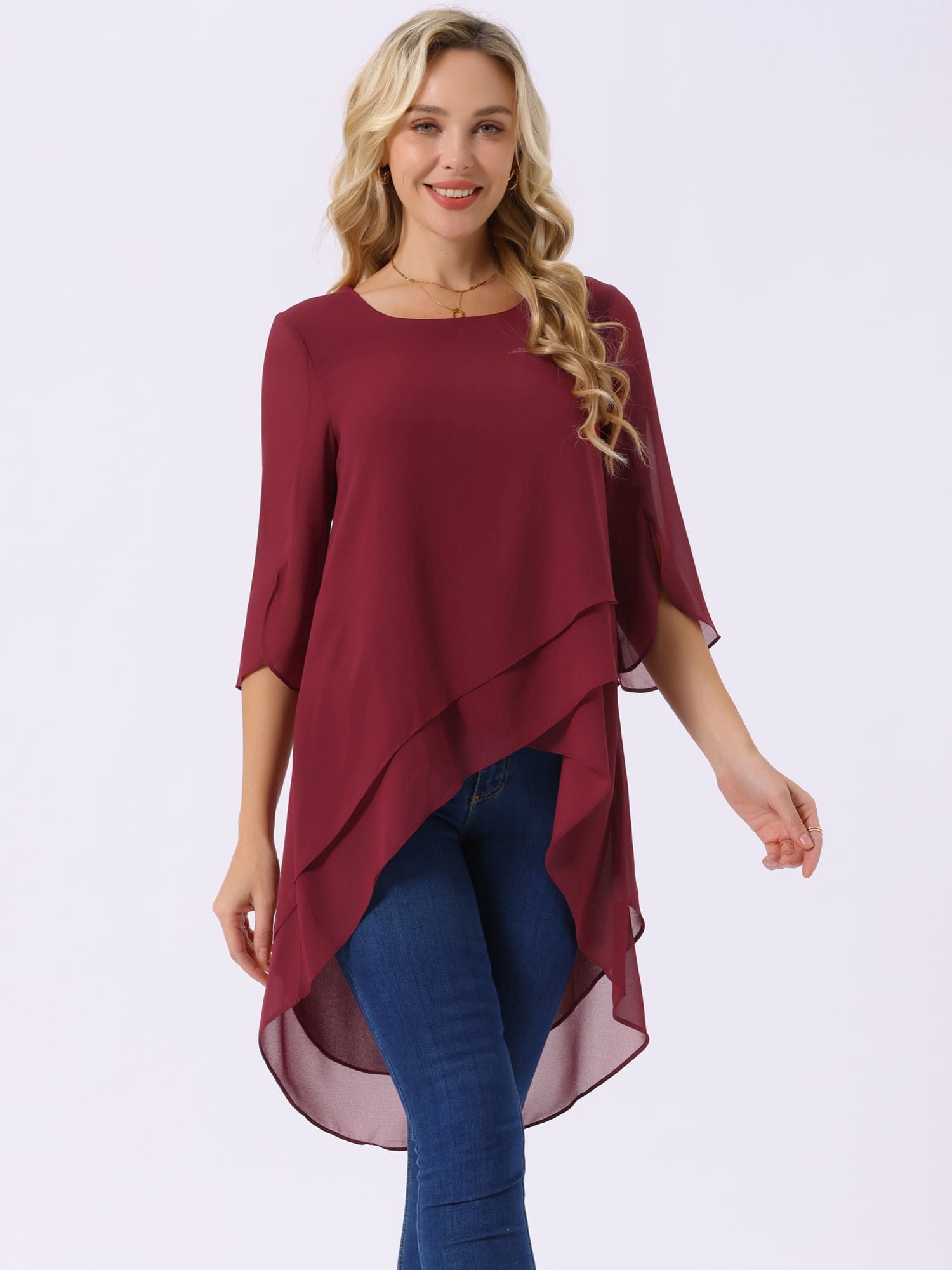 DARING DIVA Women's 3/4 Sleeve High Low Hem Scoop Neck Chiffon Blouses S Wine Red