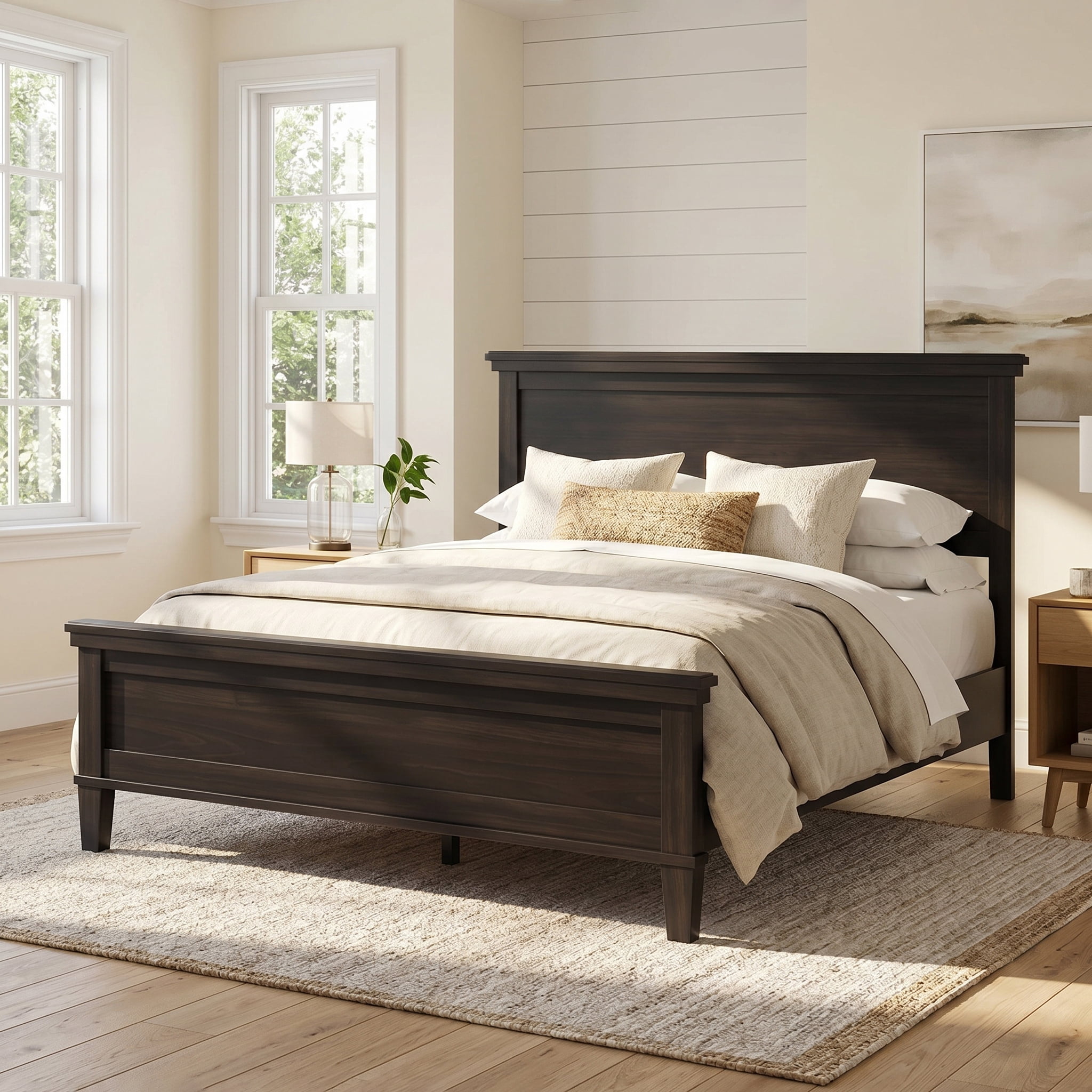 Euroco Wooden Full Size Mid-Century Platform Bed, Charcoal Black