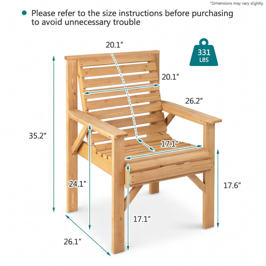 Hommoo Fir Wood Outdoor Dining Chair with Ergonomic Inclined Backrest, Sturdy Patio, Garden & Indoor Solid Wood Chair, Natural