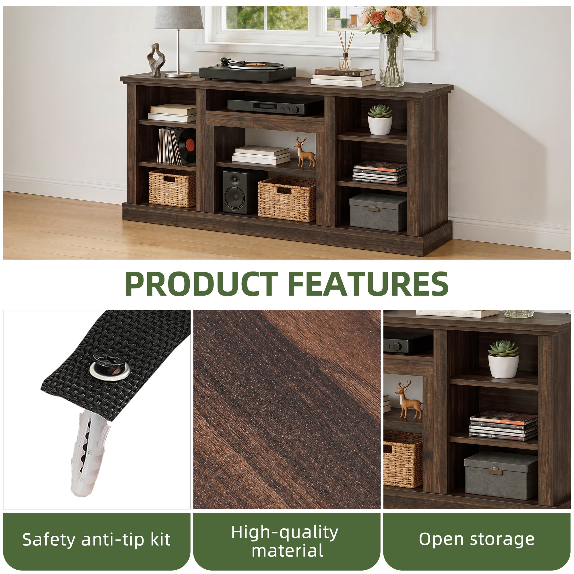 Uforic 70"W Farmhouse TV Stand, Adjustable Shelf Entertainment Center for 75/80 Inch TVs, Walnut