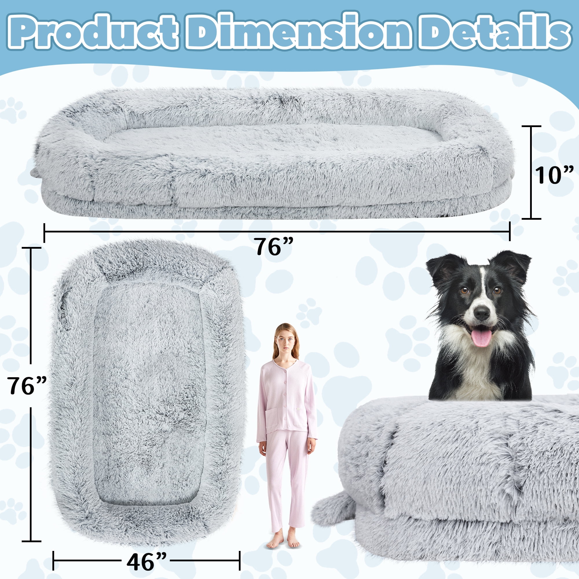 TUAREX Human Dog Bed for Adults, 76"x46"x10" Large Human Size Dog Bed, Removable Cover, Washable, Waterproof, Orthopedic Design, Light Grey