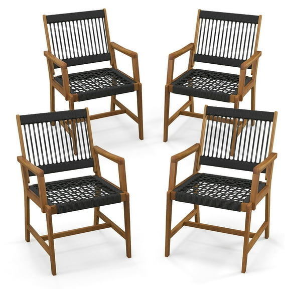 Gymax Patio 4PCS Acacia Wood Dining Chairs All-Weather Rope Woven Armchairs Outdoor