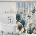 thumbnail image 3 of Teal Tulip Butterfly Shower Curtain, Waterproof Shower Curtains for Bathroom, Beige Turquoise Floral Farmhouse Blue Washable Fabric Bathtub Curtain Set Bath Decor with 12 Hooks 48"x72", 3 of 8