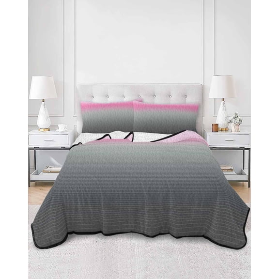 Quilts Queen Size, Pink Grey Ombre Soft Comforter Bedding Set for Bed, Modern Geometric Striped Abstract Art Lightweight Quilted Bedspread with Pillow Cover(2 Pieces) for All Season, 90x96 Inch