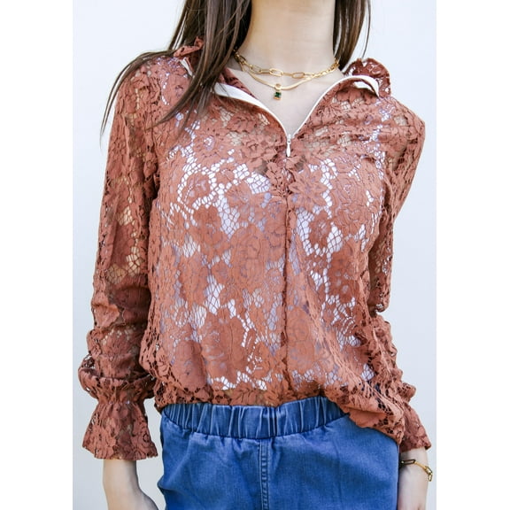 Women's Long Bell Sleeve Sheer Floral Lace Blouse Tops