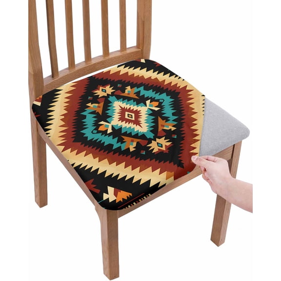 Boho Orange Teal Chair Seat Covers for Dining Room Stretch Chair Seat Covers Set of 4, Southwestern Abstract Geometric Ethnic Chair Seat Protector Cushion Slipcovers for Kitchen Restaurant Office
