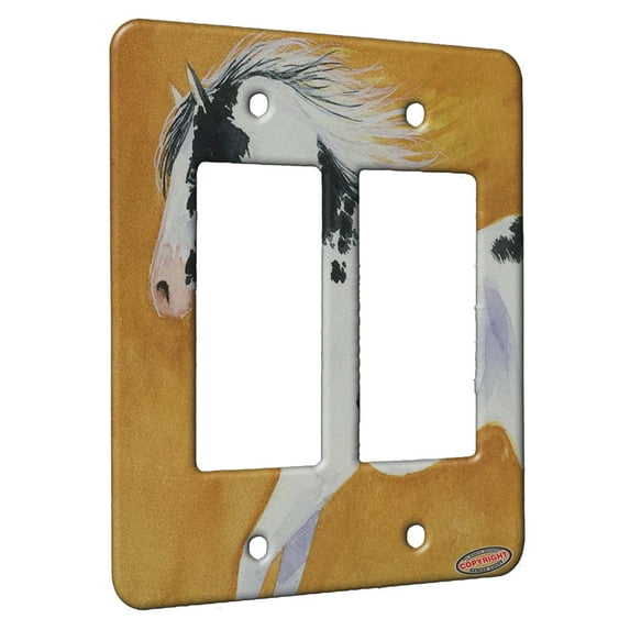 KuzmarK™ 2 Gang Rocker Wall Plate - Blue Eyed Black Pinto Minimal Sabino Horse Art by Denise Every