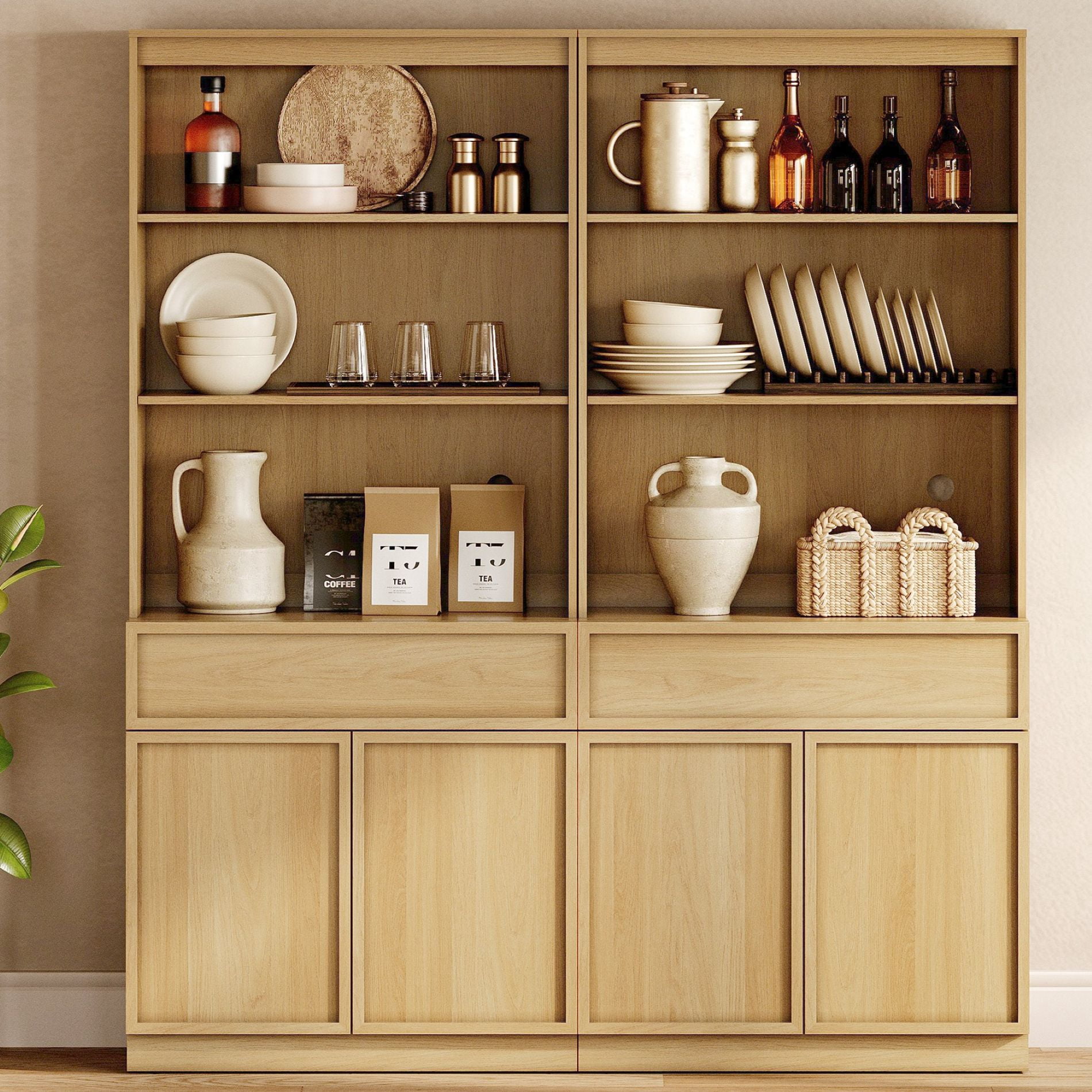 Modern Wood Sideboard Buffet with Doors, Drawers & Adjustable Shelves, 72" Tall Storage Cabinet for Dining Kitchen,Oak