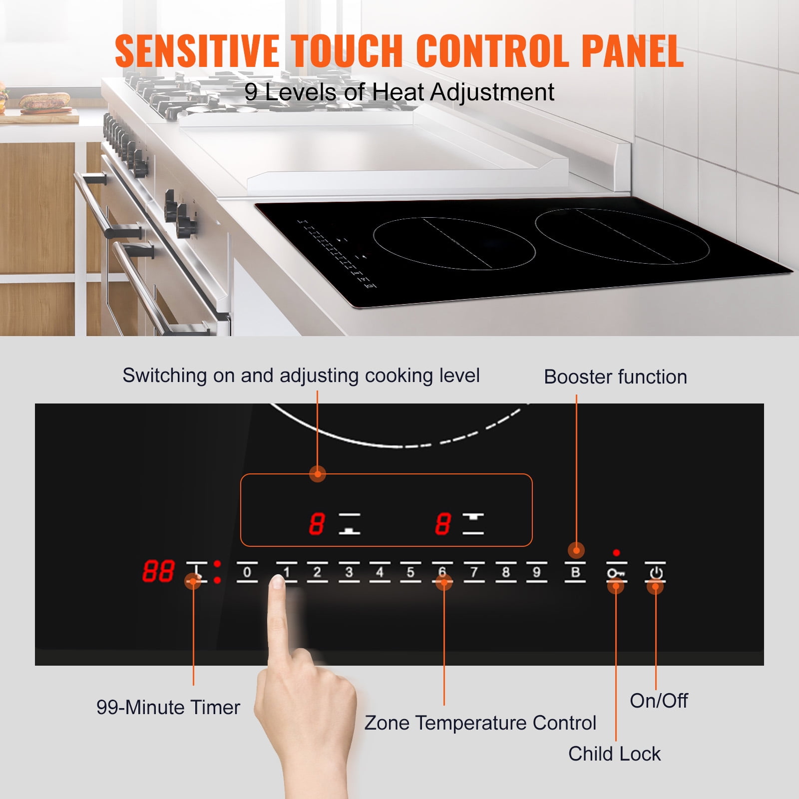 KFFKFF Induction Cooking Plate, Dual Burners, 12'' Magnetic Built-in Stove, 3000W Power, 9 Adjustable Heat Levels, LED Touch Display with Child Safety Lock & Overheat Protection