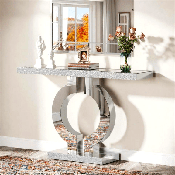 Fnova 43" Mirrored Console Table, Modern Narrow Sofa Table with O-Shaped Base, Glass Entryway Table for Living Room, Hallway Entrance