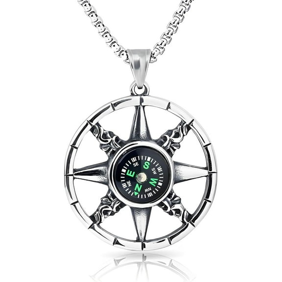 Engraved Compass Necklace for Men Women- Stainless Steel Outdoor Travel Pendant with 60cm Chain, Hypoallergenic Durable Jewellery Gift for Camping & Hiking
