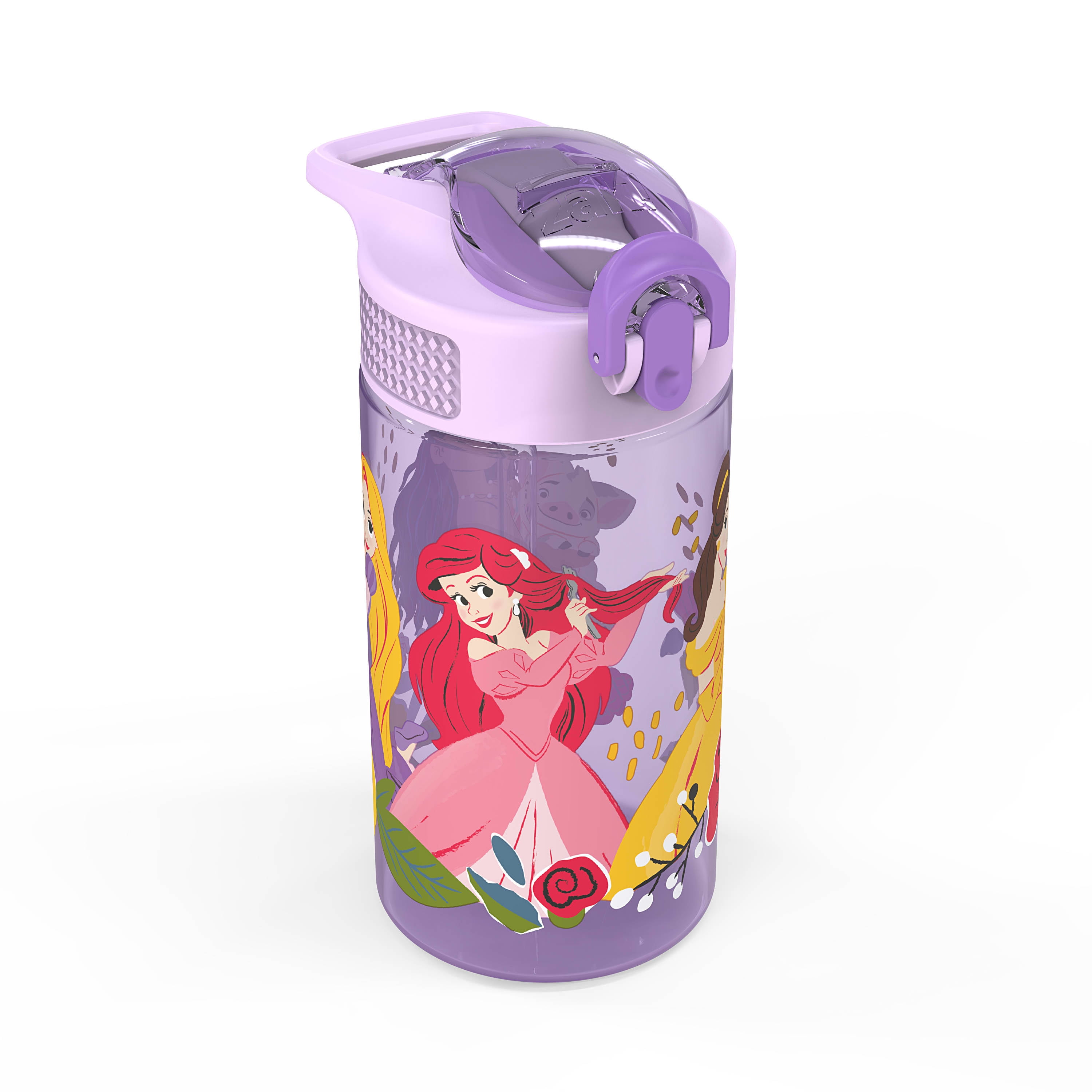 (15 pack) Zak Designs 16oz Princess Kids Straw Water Bottle, Durable Plastic Park Bottle with Easy-Open Locking Spout Cover for Travel, Built in Carry Handle