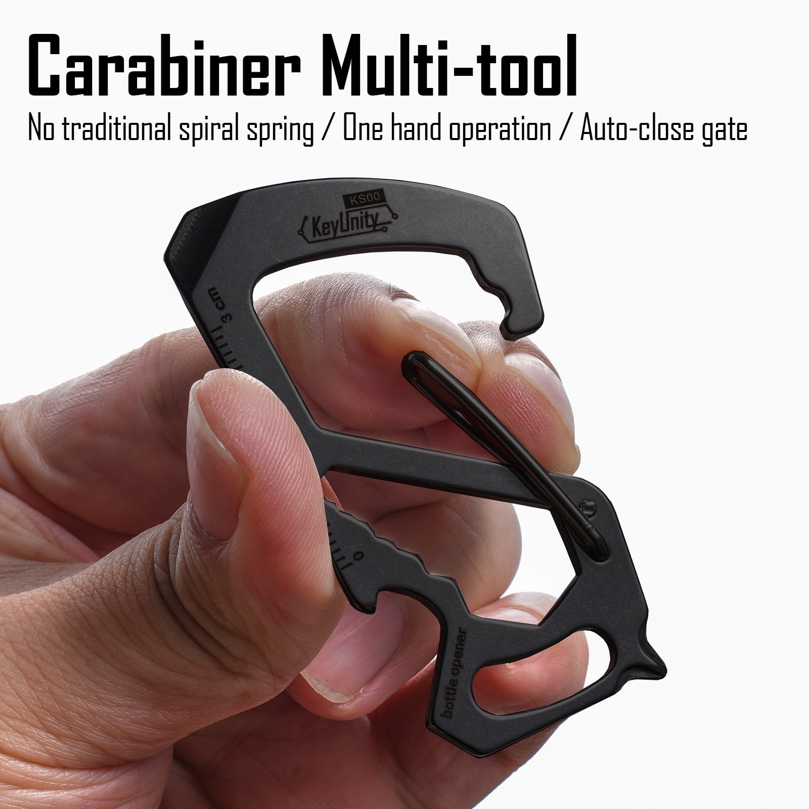 Key Unity 7-in-1 Stainless Steel Carabiner Clip, EDC Multitool with Ruler, Bottle Opener, Wrench, Key Clip, Pry bar, Phillips Screwdriver and Slotted Screwdriver, Black