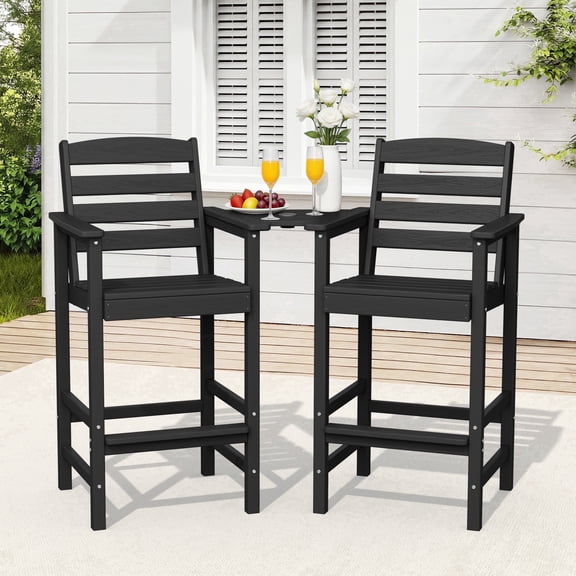 RIAFUN HDPE Height Bar Stools Set of 2 with Removable Connecting Table, Weather Resistant Outdoor Tall Adirondack Chairs with Umbrella Hole for Patio, Poolside, Garden, Black
