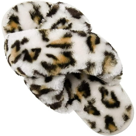 

Womens Fuzzy House Slippers Cross Band Cozy Furry Plush Spa Slippers Sandals Memory Foam Soft Warm Flats Anti-Slip Indoor Outdoor Slides Shoes
