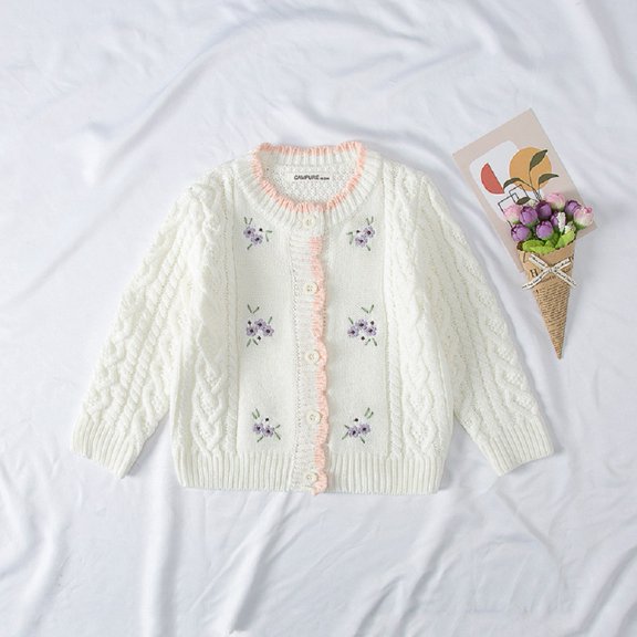 Godderr 1-7Y Girls Lacey Cardigan Sweater Fall Spring Princess Knit Sweater Knitwear with Handed Flowers Cute Knitted Coats Outwears for Toddler Baby Kids