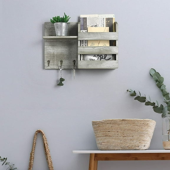 Rustic Mail Organizer Wall Mounted Mail Sorter with 3 Key Hooks  Floating Shelf