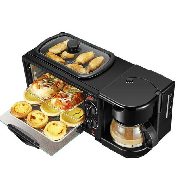 SiMbae - Estación de desayuno 3 en 1, incluye cafetera, plancha antiadherente y horno tostador de 4 rebanadas, versátil desayuno para apartamentos, cocina, color negro