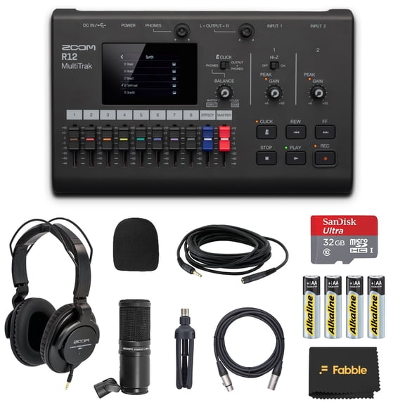 Zoom R12 MultiTrak Portable Recorder Bundle with ZDM-1 Podcast Mic Pack, Headphones, Mic Stand, XLR Cable, Foam Windscreen, Batteries and 32GB microSD Card