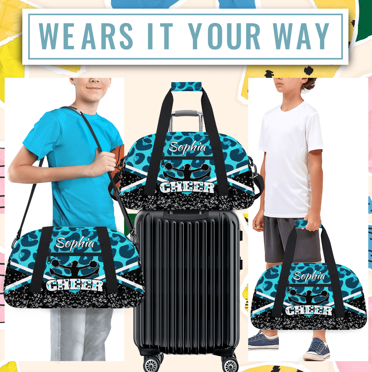 Jiaoprinted Personalized Cheerleader Bag Dance Bag, Custom Sport Gym Bag with Name, Customized Travel Duffel Bag for Cheer Team, Blue Leopard