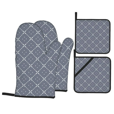 

Oven Mitts and Pot Holders Sets 4 pcs - Gray Geometric Pattern Heat Resistant Silicone Oven Gloves with Non-Slip Silicone Surface and hot pads for kitchen Baking Cooking BBQ