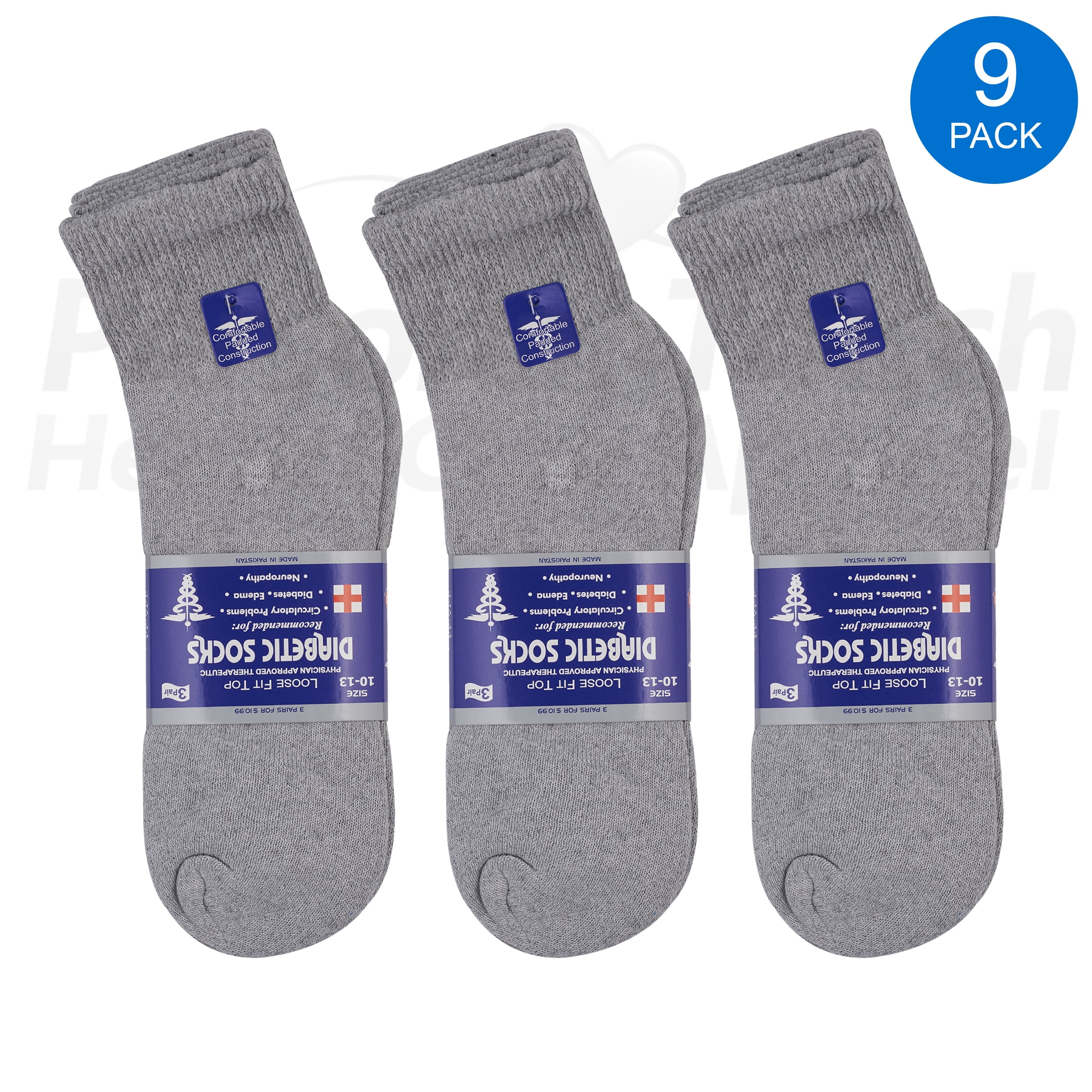 Personal Touch Diabetic Quarter Socks for Men \u0026 Women Physicians Approved Socks, 9 Pairs, Size 13-15 (Grey), Adult Unisex, Gray