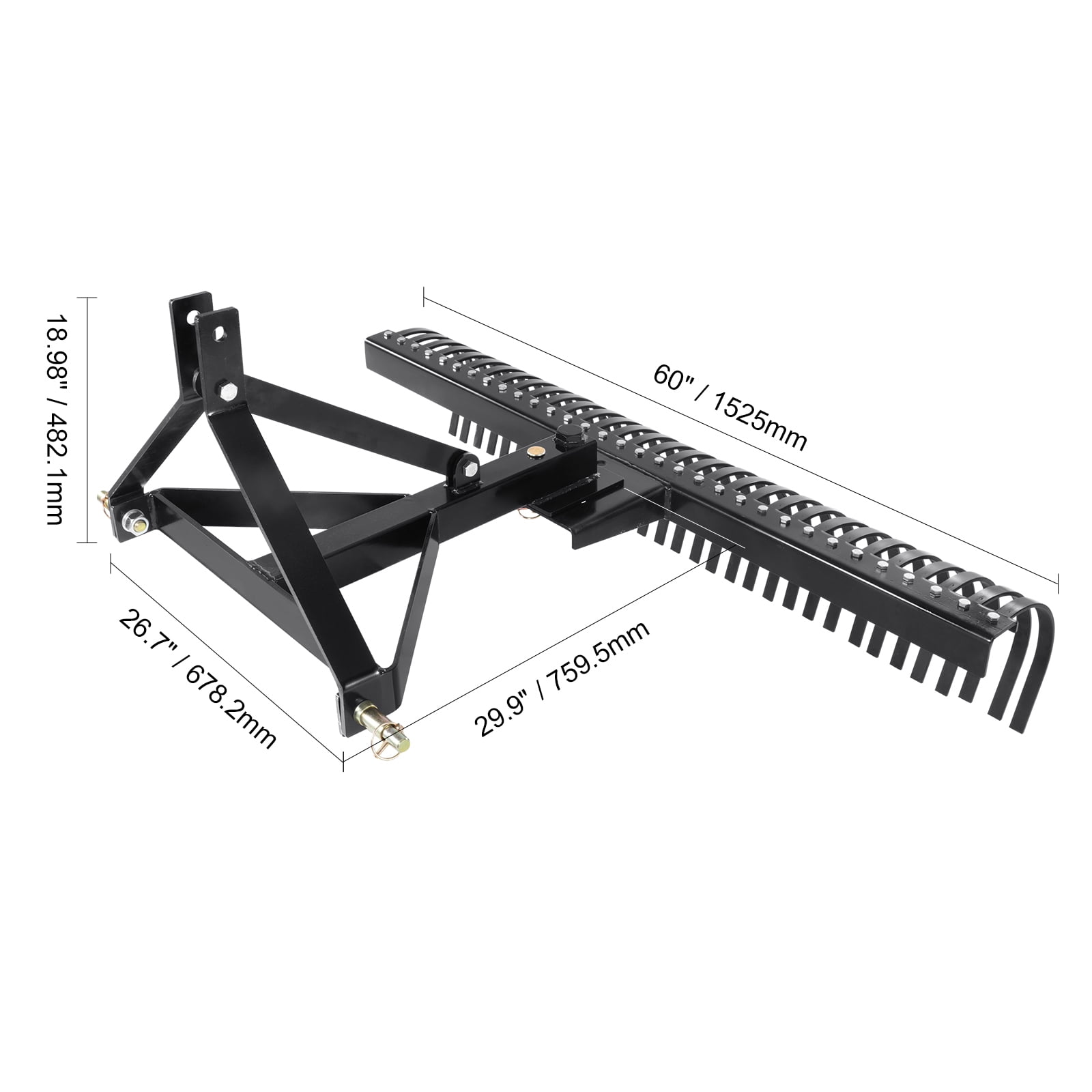 KFFKFF Pull-Behind Thatch Remover, 60" Width, Equipped with 32 Durable Steel Prongs, Tractor-Compatible 3-Point Hitch Garden Rake, Ideal for Soil Preparation and Grass Maintenance