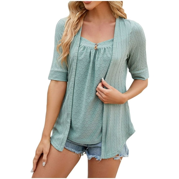Ashosteey Women's Short Sleeve Cropped Cardigan Front Button Down Sweater Lightweight Knit Textured Blouses 2024 Basic Fashion summer Tops