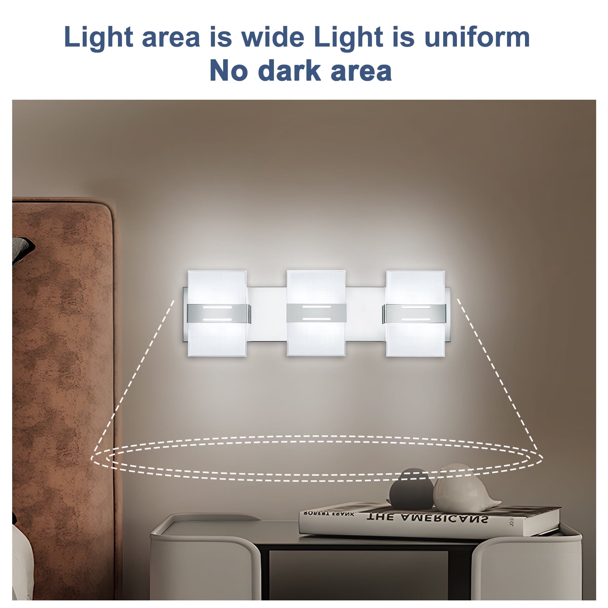 Auffel Bathroom Light Fixtures LED Chrome Vanity Lights for Bathroom Dimmable Wall Sconce 3000K/4500K/6000K Stainless Steel Glass Vanity Lighting Fixtures 3-Light Wall Light for Restroom 22 Inch