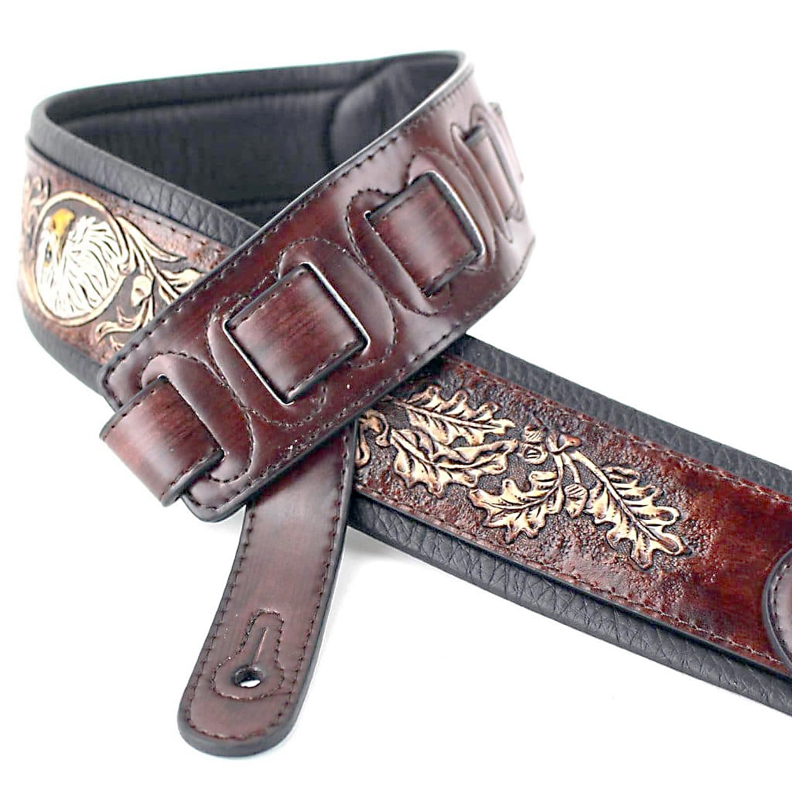 Walker & Williams KB-03-BRN Dark Walnut Brown Full Grain Center Block Carving Leather Padded Guitar Strap With American Eagle & Oak Leaves