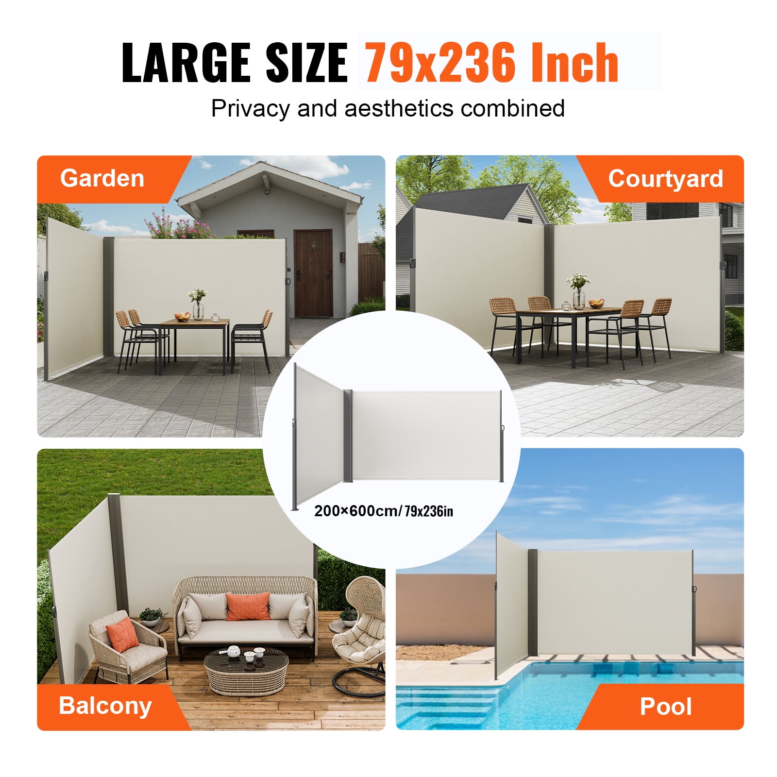 KFFKFF Retractable Side Awning 79''x 236'' Patio Screen Fence Divider Fencing