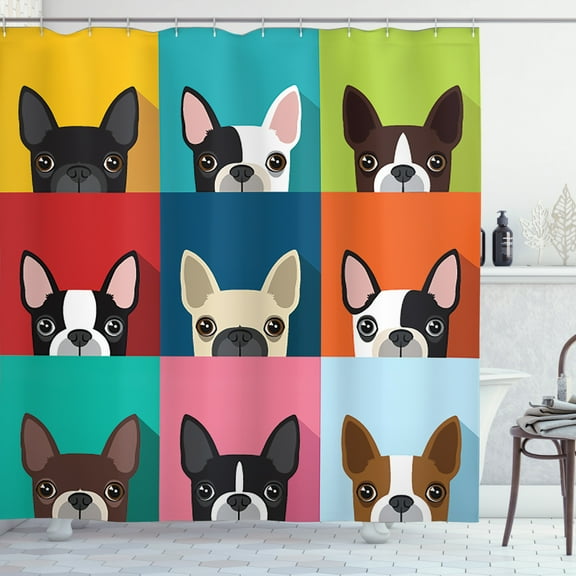 Boston Terrier Shower Curtain, Minimalist Colorful Assortment of Terrier Portraits Multiple Variations, Fabric Bathroom Set with Hooks, 69W X 70L Inches, Multicolor, by Ambesonne