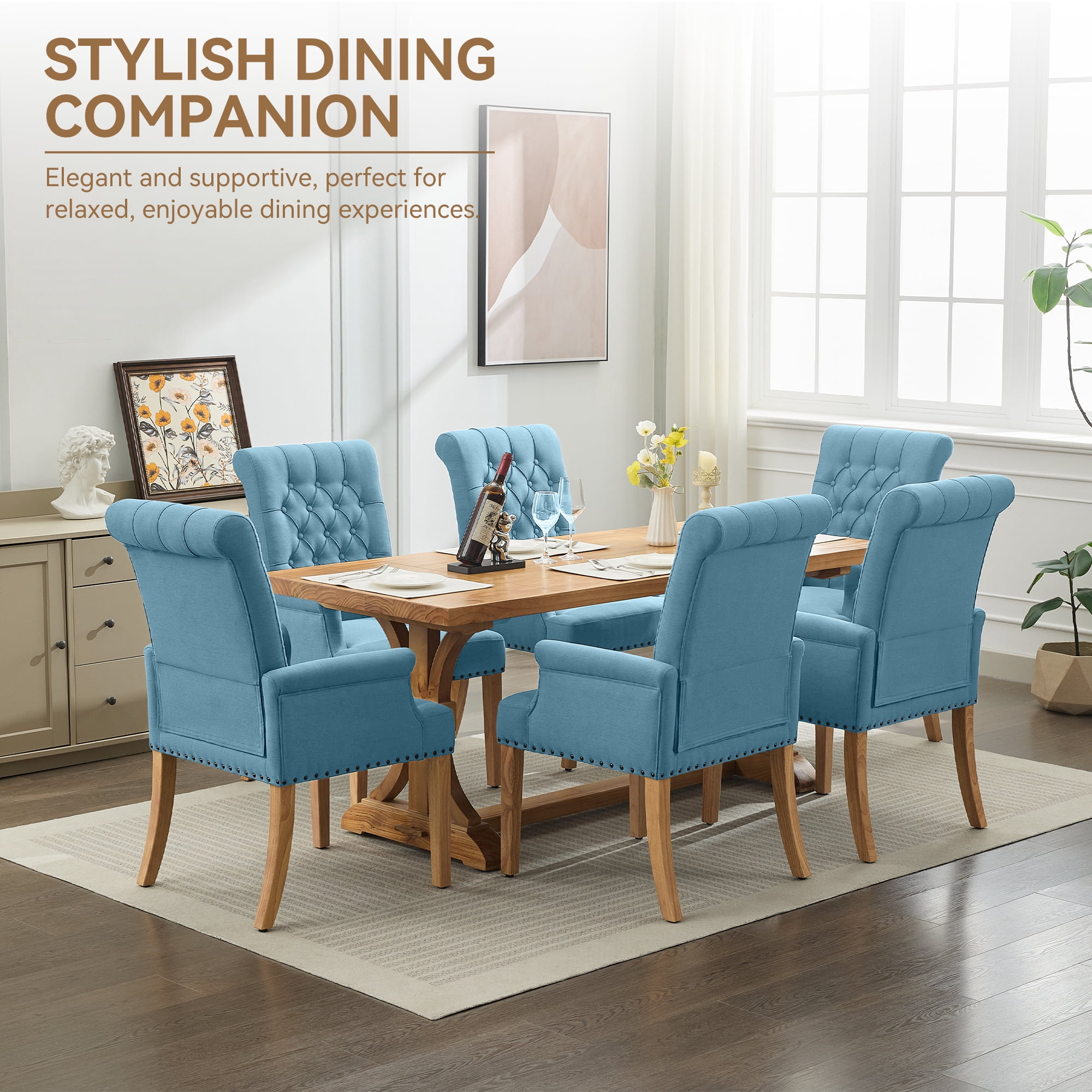 Fabric Upholstered Dining Chair with Arms, Tufted High Back Accent Coffee Armchair for Kitchen Dining Room Living Room, Blue