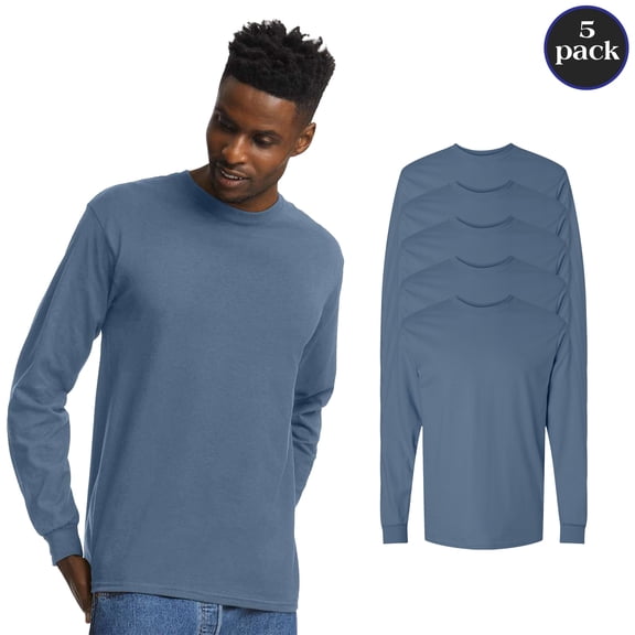 Gildan Men's Ultra Cotton Long Sleeve T-Shirt, Pack of 5 Indigo Blue, Classic Fit Tee, Size S