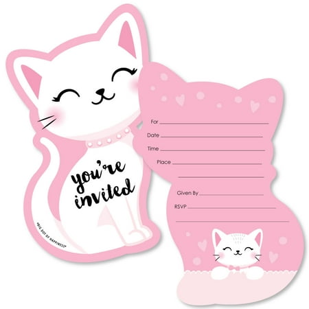 Purr-FECT Kitty Cat - Shaped Fill-in Invitations - Kitten Meow Baby Shower or Birthday Party Invitation Cards with Envel