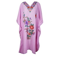 Mogul Women Pink Embellished Kaftan Mid Calf Dress Floral Embroidered Kimono Sleeves Resort Wear Housedress 2X
