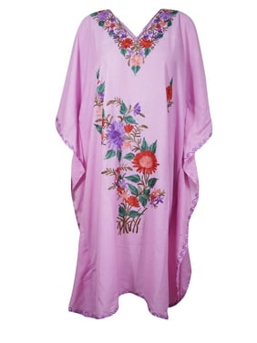 Mogul Women Pink Embellished Kaftan Mid Calf Dress Floral Embroidered Kimono Sleeves Resort Wear Housedress 2X