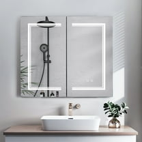 Ktaxon 32"x28" Bathroom LED Mirror Medicine Cabinet with Lights, Wall-Mounted w/ Defogger, Dimmable, Memory Function, Outlets & USB, White