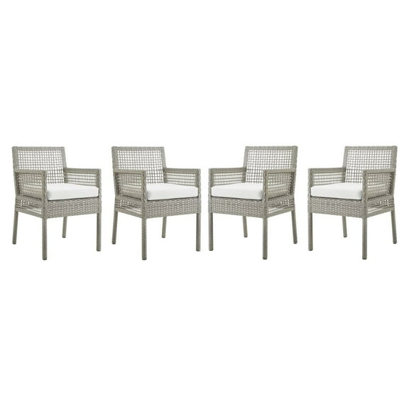 Modway Aura Dining Armchair Outdoor Patio Wicker Rattan Set of 4 in Gray White